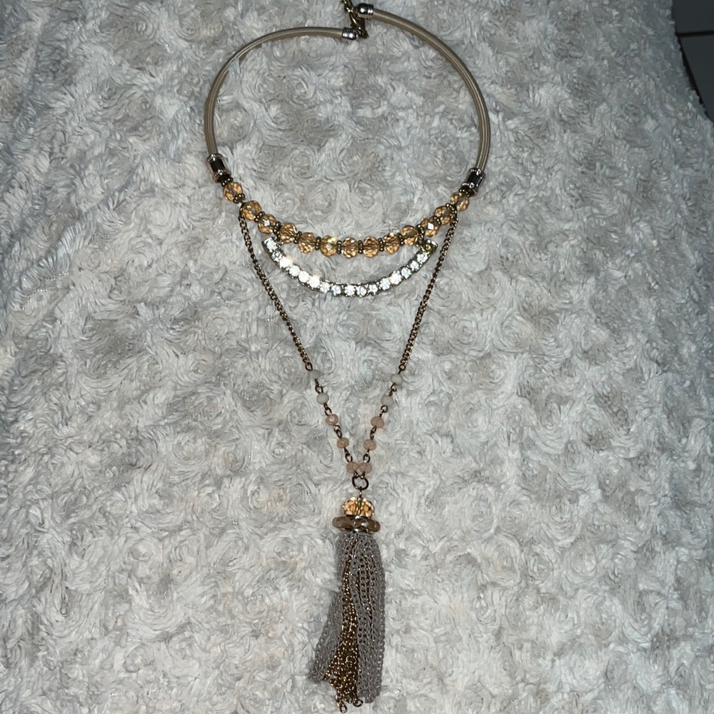 Gold Toned Beaded choker tasseled necklace
